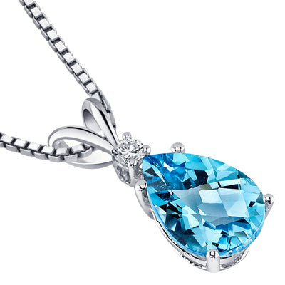 Swiss Blue Topaz and Diamond Pendant Necklace 14K White Gold 2.26 Carats Pear Shape