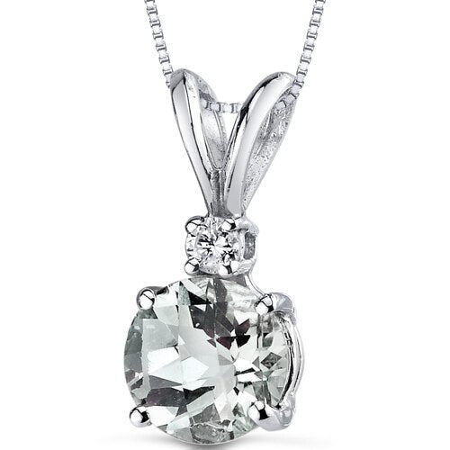 Green Amethyst and Diamond Pendant Necklace 14K White Gold 0.99 Carat Round