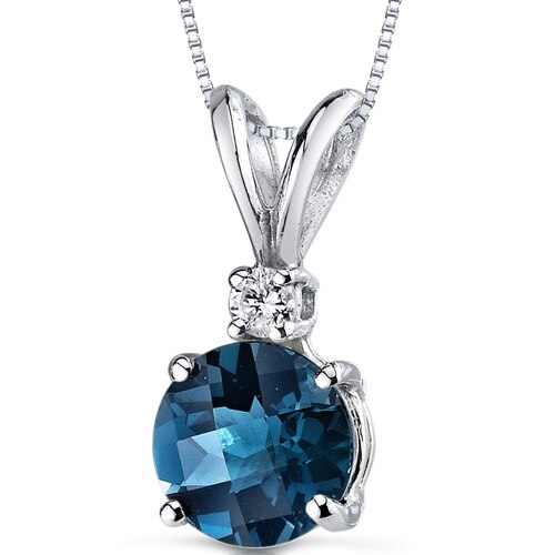 London Blue Topaz and Diamond Pendant 14K White Gold 1.25 Carats Round