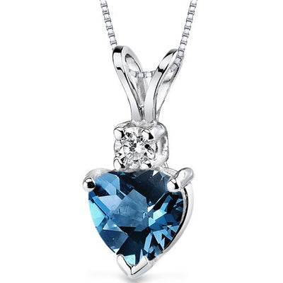 London Blue Topaz and Diamond Pendant Necklace 14K White Gold 0.95 Carat Heart Shape