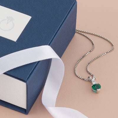 Emerald Pendant Necklace 14 Karat White Gold Heart 0.74 Carats P9010-box