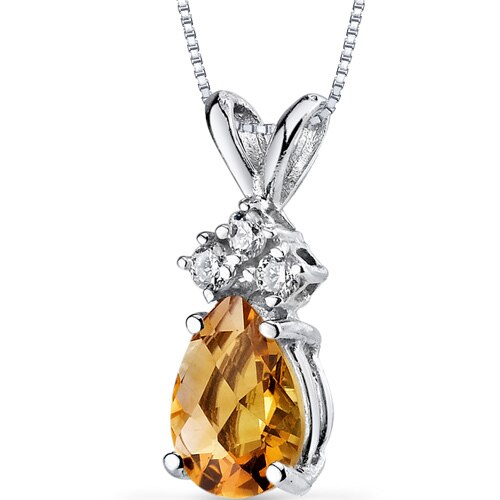 Citrine and Diamond Pendant Necklace 14K White Gold 0.63 Carat Pear Shape