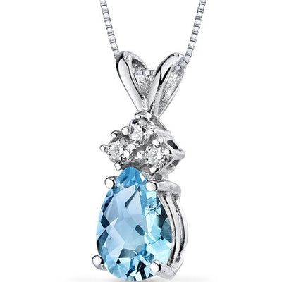 Swiss Blue Topaz and Diamond Pendant Necklace 14K White Gold 0.77 Carat Pear Shape