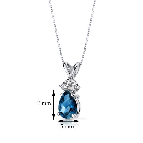 London Blue Topaz and Diamond Pendant Necklace 14K White Gold 0.77 Carat Pear Shape