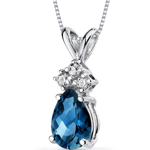 London Blue Topaz and Diamond Pendant Necklace 14K White Gold 0.77 Carat Pear Shape