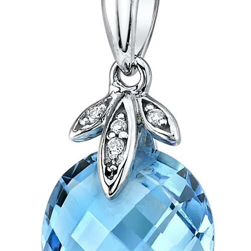 Swiss Blue Topaz and Diamond Pendant Necklace 14K White Gold 4.50 Carats Round