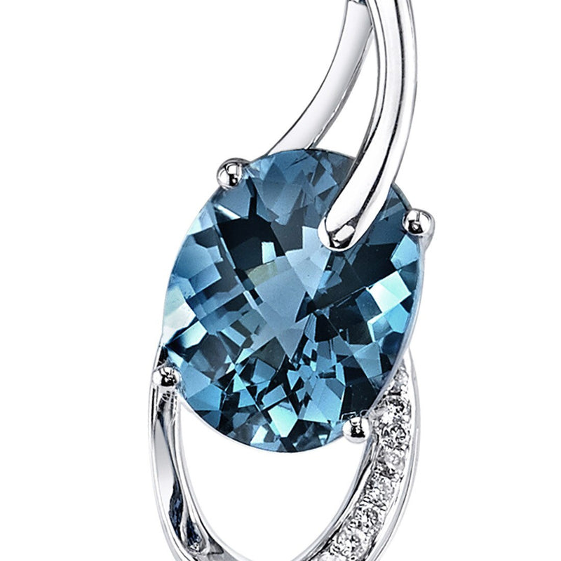 London Blue Topaz and Diamond Pendant Necklace 14K White Gold 3 Carats Oval