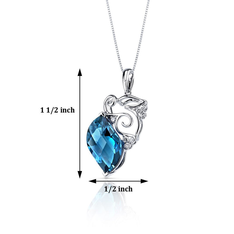 London Blue Topaz Necklace 14 Kt White Gold Leaf Shape 9.3 Cts