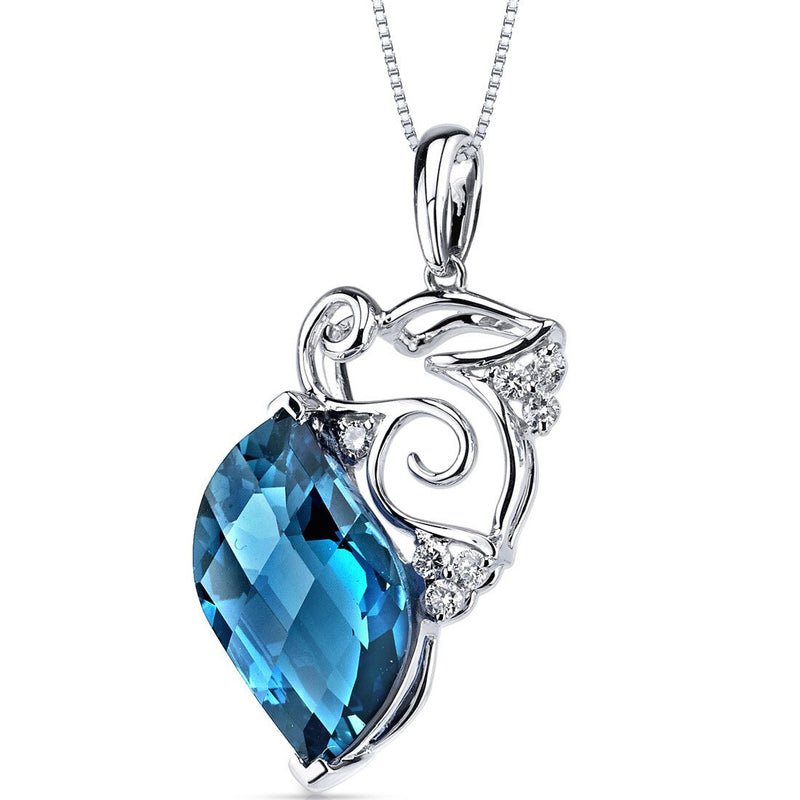 London Blue Topaz Necklace 14 Kt White Gold Leaf Shape 9.3 Cts