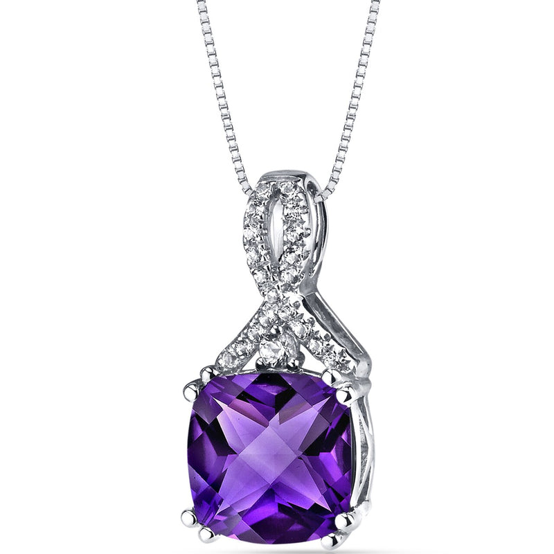 14K White Gold Amethyst Pendant Ribbon Design Cushion Cut 2.75 Carats