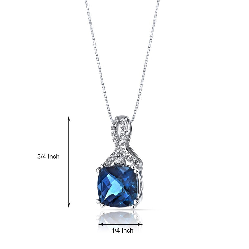 14K White Gold London Blue Topaz Pendant Ribbon Design Cushion Cut 3.50 Carats