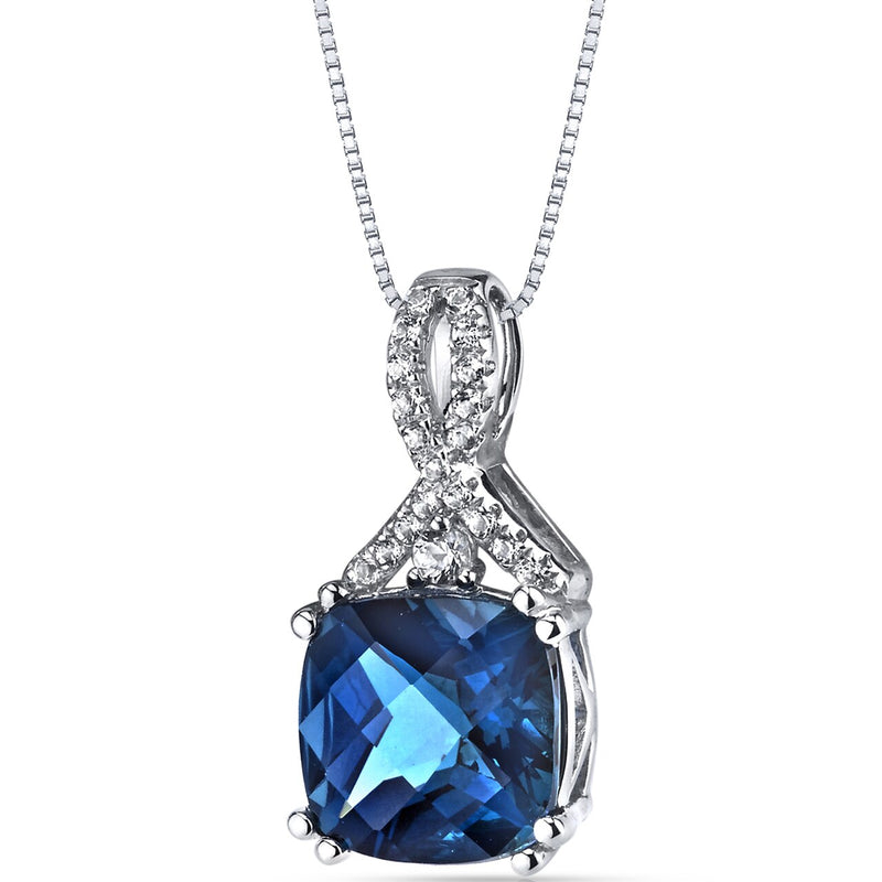 14K White Gold London Blue Topaz Pendant Ribbon Design Cushion Cut 3.50 Carats