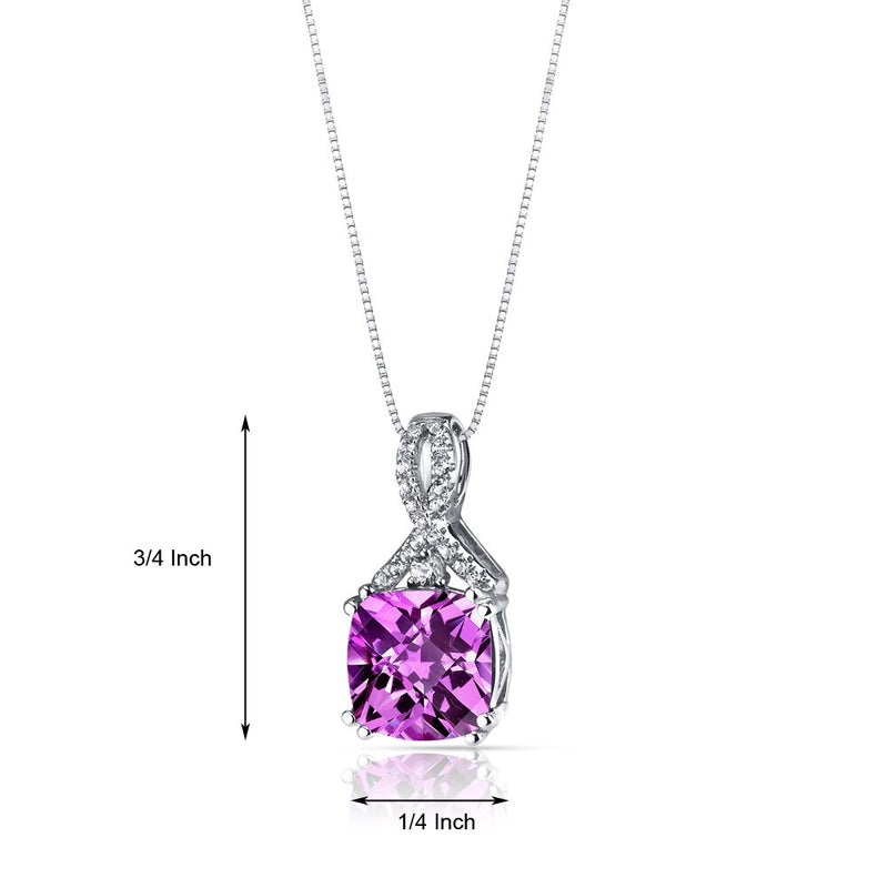 14K White Gold Created Pink Sapphire Pendant Ribbon Design Cushion Cut 4.25 Carats