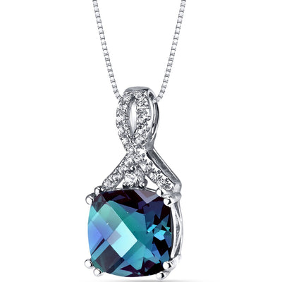 14K White Gold Created Alexandrite Pendant Ribbon Design Cushion Cut 3.50 Carats