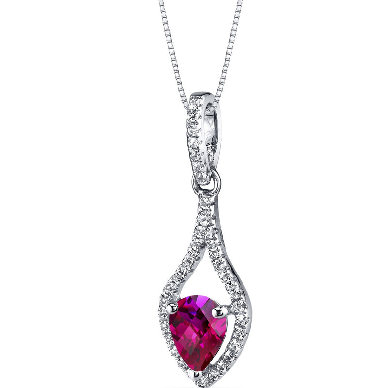 14K White Gold Created Ruby Tear Drop Pendant Checkerboard 1.00 Carats