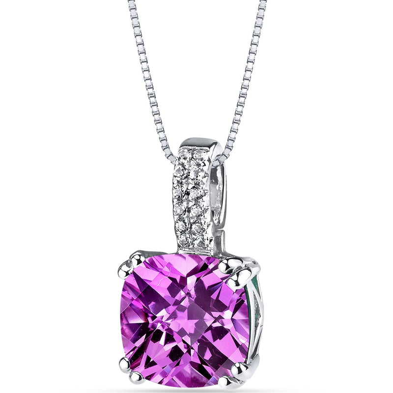 14K White Gold Created Pink Sapphire Pendant Cushion Checkerboard Cut 4.25 Carats
