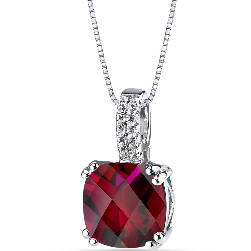 14K White Gold Created Ruby Pendant Cushion Checkerboard Cut 4.00 Carats