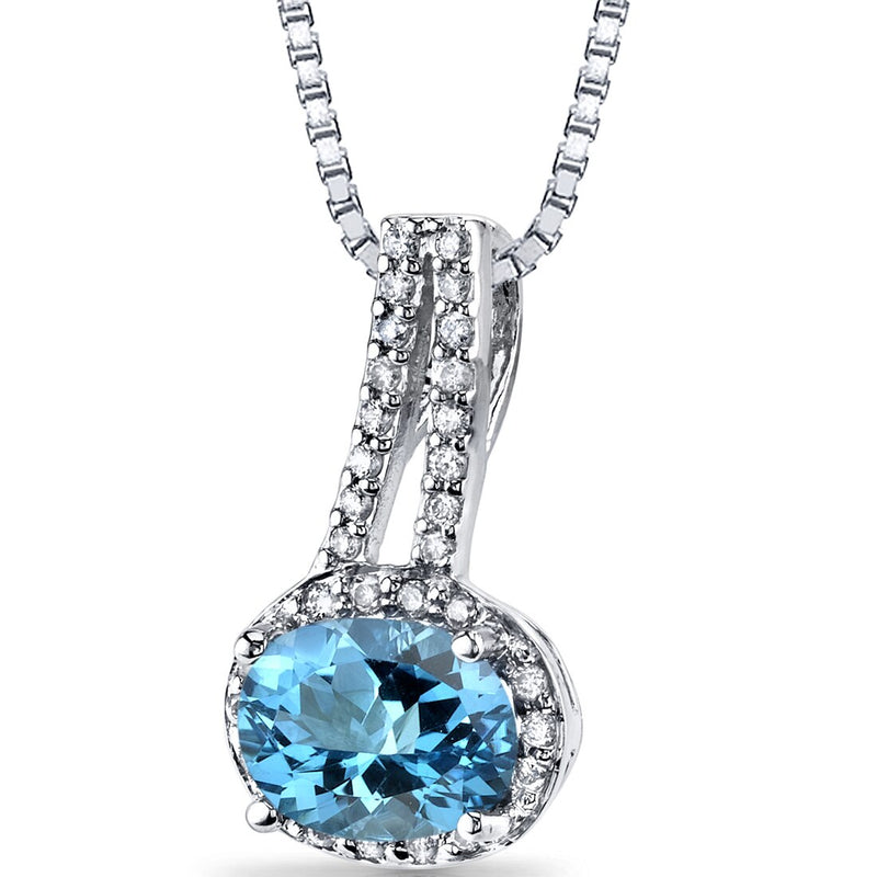 Swiss Blue Topaz and Diamond Pendant Necklace 14K White Gold 1.25 Carats Oval