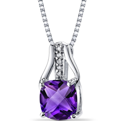 Amethyst and Diamond Pendant Necklace 14K White Gold 2 Carats Total Cushion Checkerboard Cut