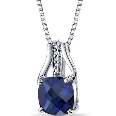 14K White Gold Created Blue Sapphire Diamond Pendant Cushion Checkerboard Cut 3 Carats Total