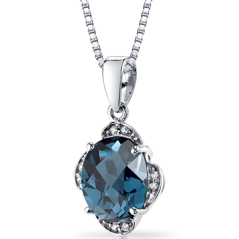 14K White Gold London Blue Topaz Diamond Pendant Checkerboard Cut 3 Carats Total