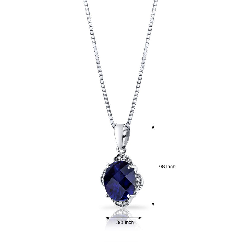 14K White Gold Created Blue Sapphire and Diamond Pendant Necklace Checkerboard Cut 3.5 Carats Total