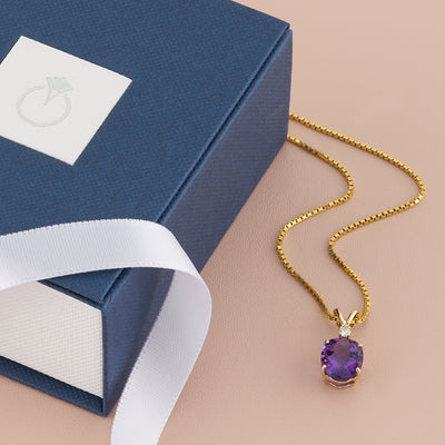 Amethyst and Diamond Pendant Necklace 14K Yellow Gold 2.06 Carats Oval