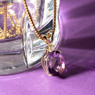 Amethyst and Diamond Pendant Necklace 14K Yellow Gold 2.06 Carats Oval