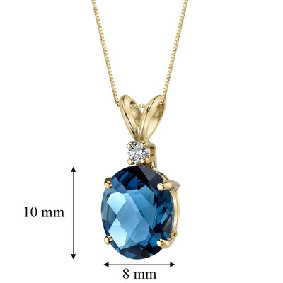 London Blue Topaz and Diamond Pendant Necklace 14K Yellow Gold 3 Carats Oval