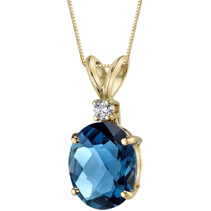 London Blue Topaz and Diamond Pendant Necklace 14K Yellow Gold 3 Carats Oval