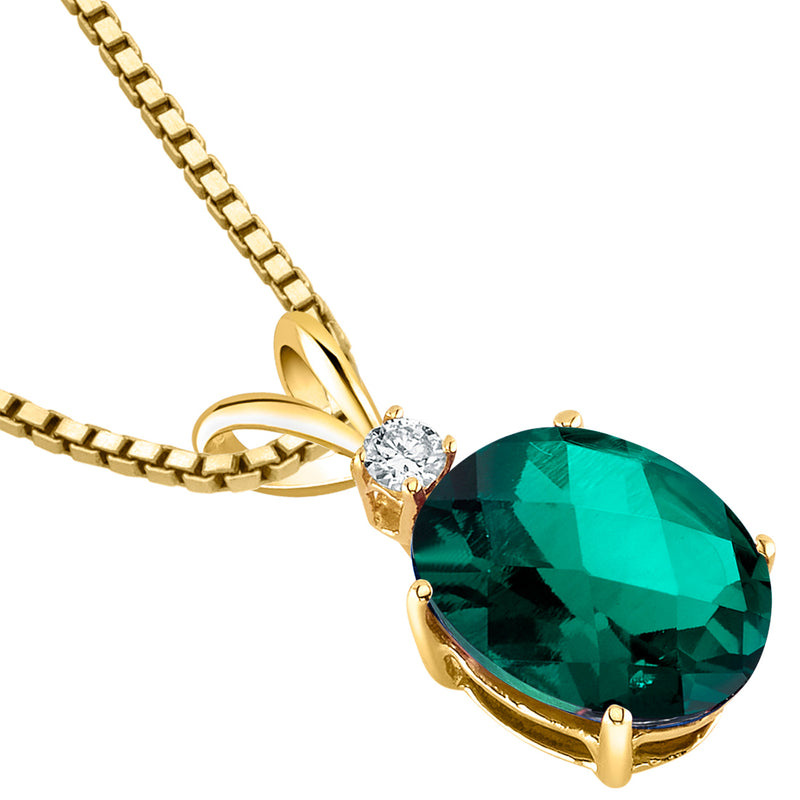 14KYellow Gold Oval Shape 2.50 Carats Created Emerald Diamond Pendant Necklace