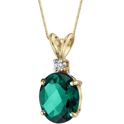 14KYellow Gold Oval Shape 2.50 Carats Created Emerald Diamond Pendant Necklace