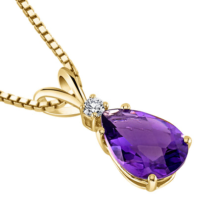 Amethyst and Diamond Pendant Necklace 14K Yellow Gold 1.58 Carats Pear Shape