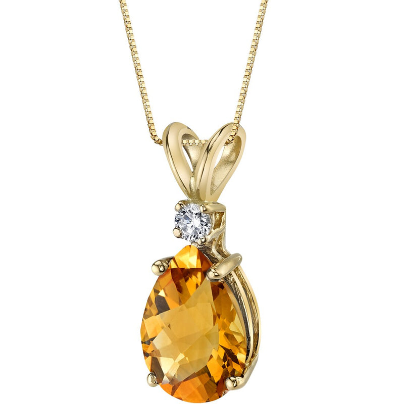 Citrine and Diamond Pendant Necklace 14K Yellow Gold 1.58 Carats Pear Shape