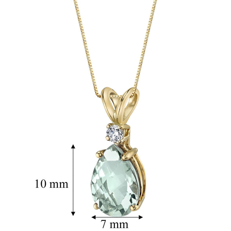 Pear Shape Green Amethyst and Diamond Pendant Necklace 14K Yellow Gold 1.66 Carats