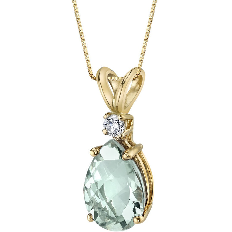 Pear Shape Green Amethyst and Diamond Pendant Necklace 14K Yellow Gold 1.66 Carats
