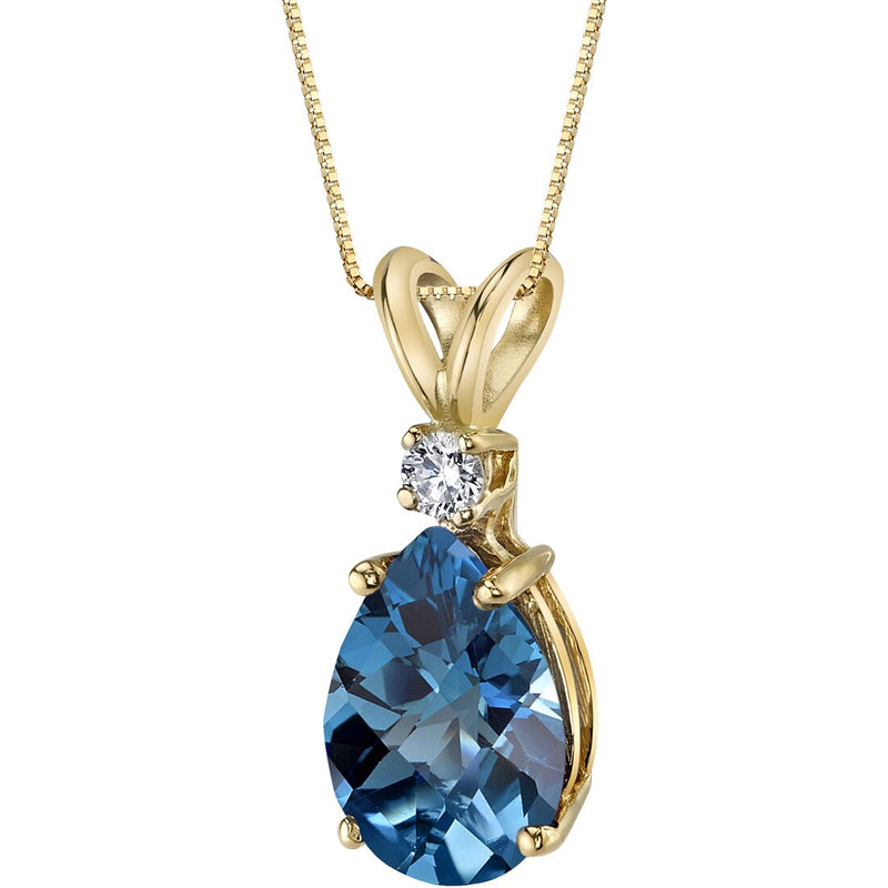 14K Yellow Gold Pear Shape 2 Carats London Blue Topaz Diamond Pendant Necklace