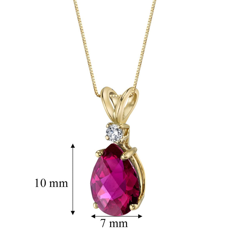 14 Karat Yellow Gold Pear Shape 2.50 Carats Created Ruby Diamond Pendant