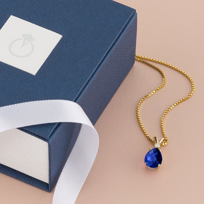 Blue Sapphire and Diamond Pendant Necklace 14K Yellow Gold 2.43 Carats Pear Shape