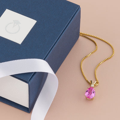 Pear Shape Pink Sapphire and Diamond Pendant Necklace 14K Yellow Gold 2.42 Carats