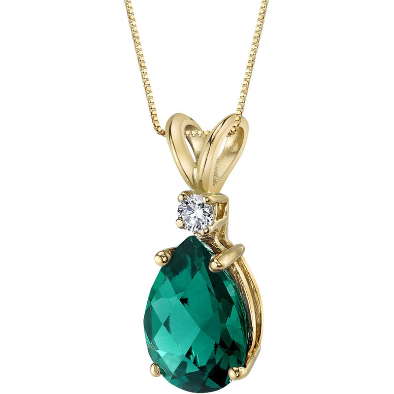 Pear Shape Emerald and Diamond Pendant Necklace 14K Yellow Gold 1.72 Carats