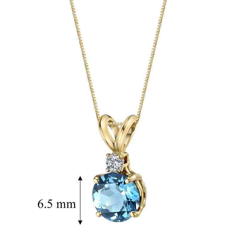 Swiss Blue Topaz and Diamond Pendant Necklace 14K Yellow Gold 1.25 Carat Round
