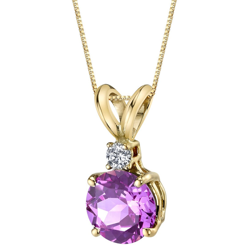 14K Yellow Gold Round Cut 1.50 Carats Created Pink Sapphire Diamond Pendant Necklace