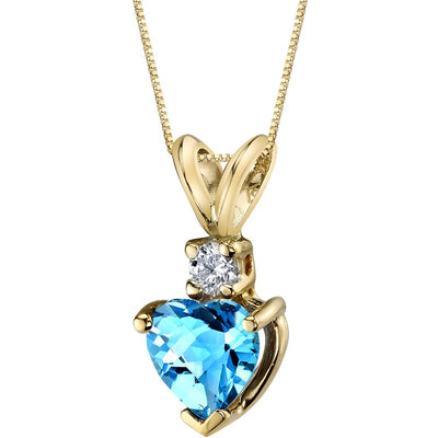 14K Yellow Gold Heart Shape 1 Carat Swiss Blue Topaz Diamond Pendant Necklace