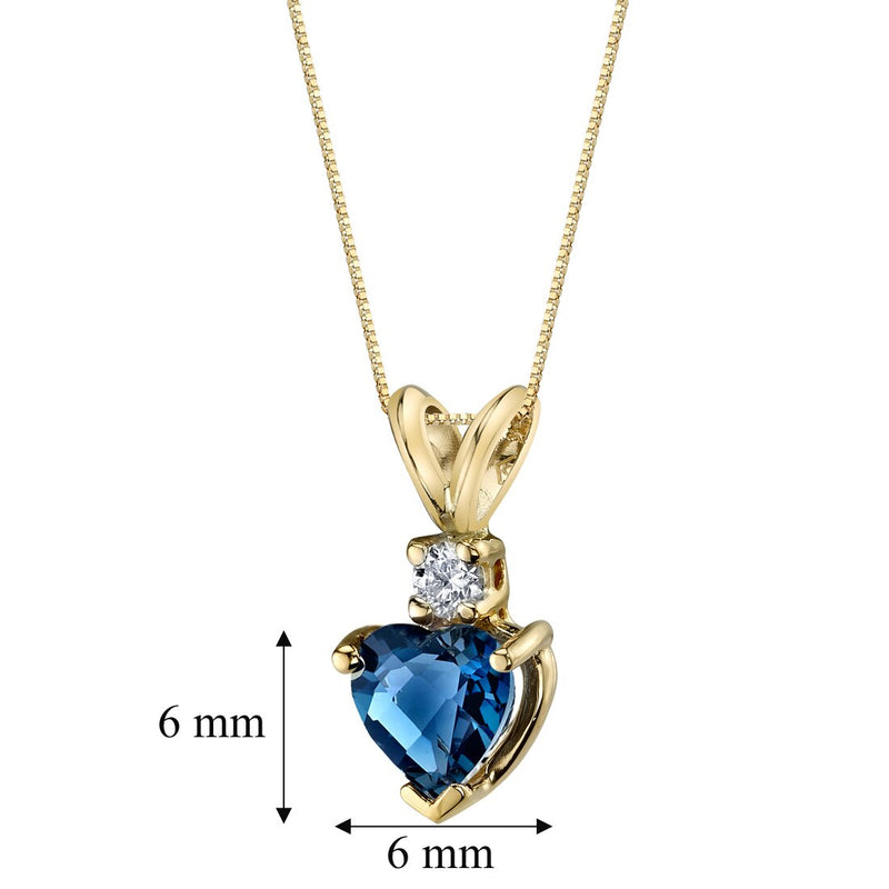 London Blue Topaz and Diamond Pendant Necklace 14K Yellow Gold 1 Carat Heart Shape