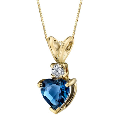 Heart Shape London Blue Topaz and Diamond Pendant Necklace 14K Yellow Gold 1 Carat