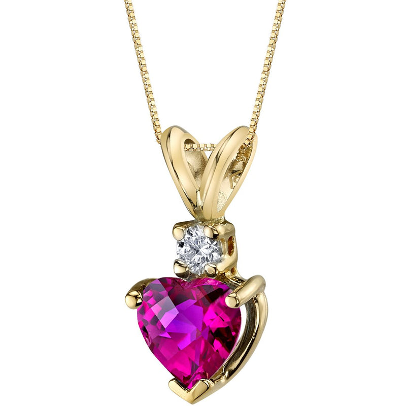 14 Karat Yellow Gold Heart Shape 1.00 Carats Created Ruby Diamond Pendant