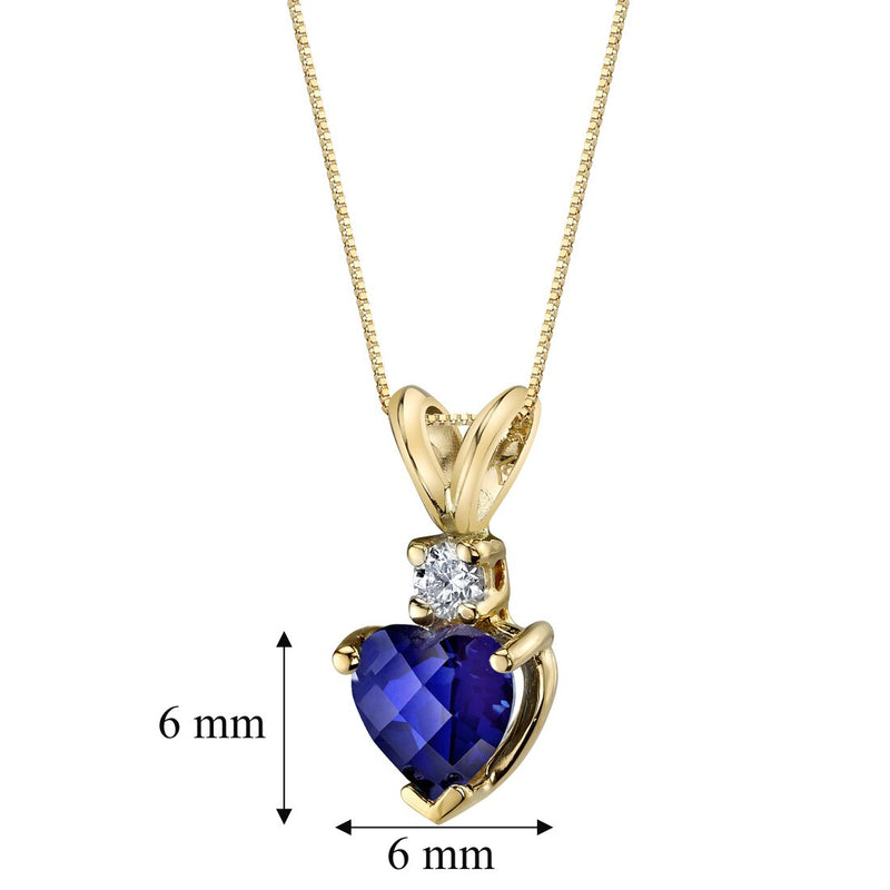 14K Yellow Gold Heart Shape 1 Carat Created Blue Sapphire Diamond Pendant Necklace