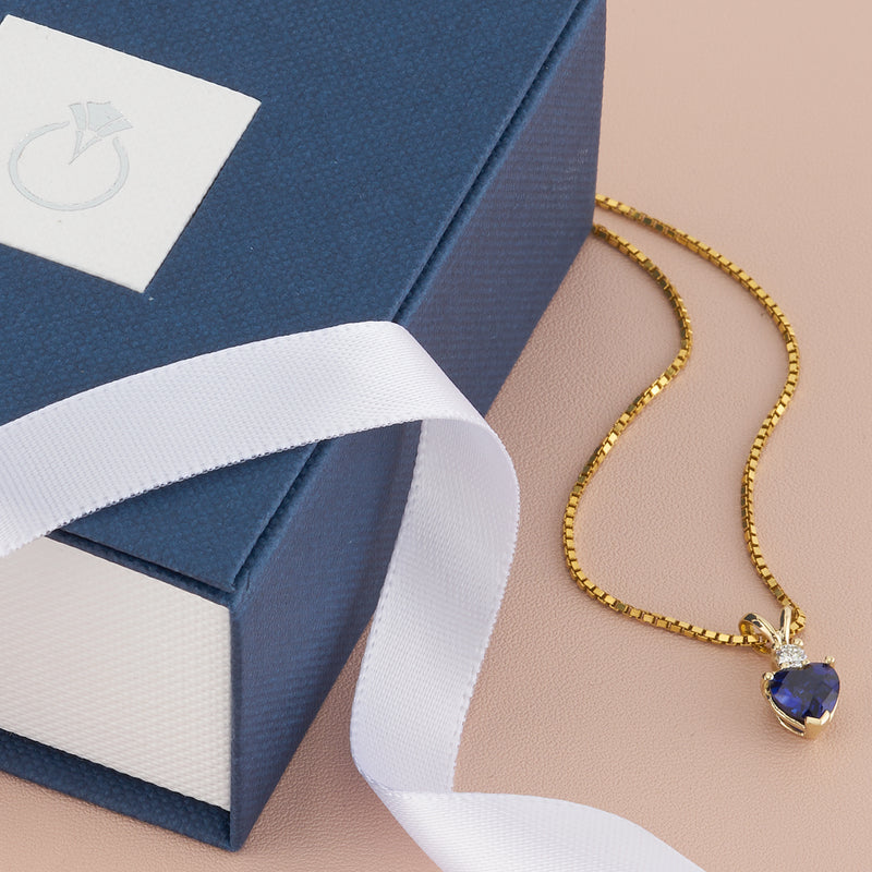 14K Yellow Gold Heart Shape 1 Carat Created Blue Sapphire Diamond Pendant Necklace
