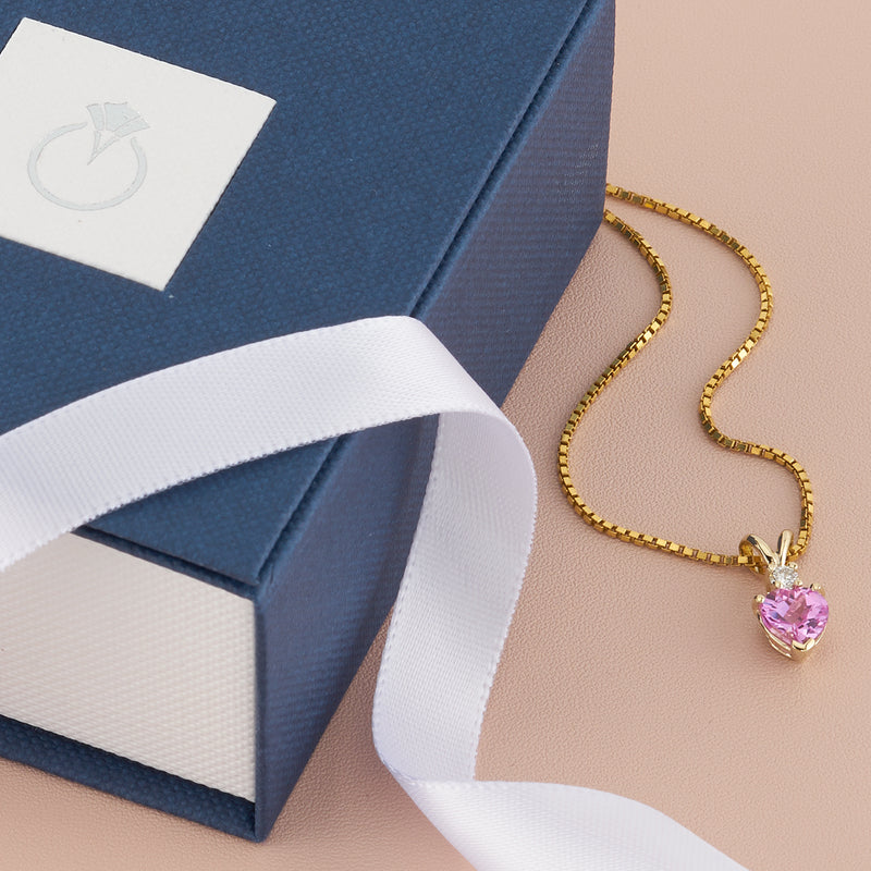 14K Yellow Gold Heart Shape 1 Carat Created Pink Sapphire Diamond Pendant Necklace